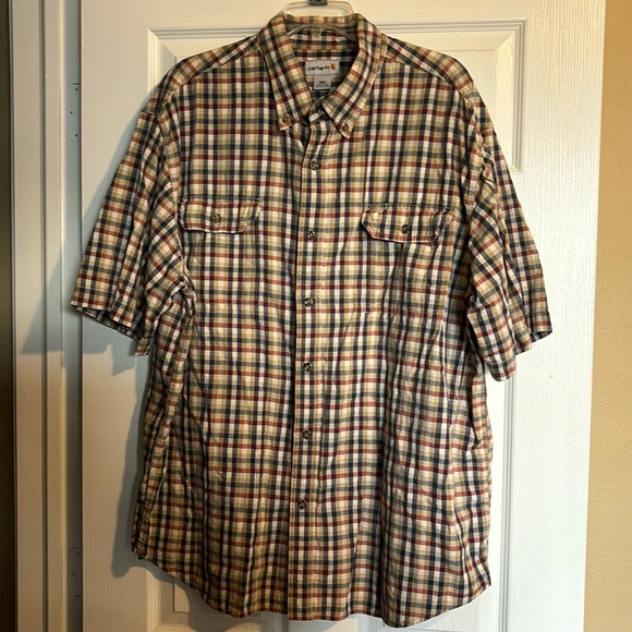 Carhartt men’s tan plaid short sleeve button down shirt size XXL - Picture 1 of 9